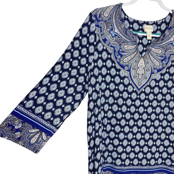 Chicos Top Womens 2 Large Blue Notch V Neck 3/4 Sleeve Tunic Blouse Slinky Boho - Picture 8 of 11